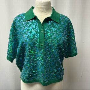 Essentiel Antwerp Green Women’s Top Polo Shirt Sequins Bottom Up XS